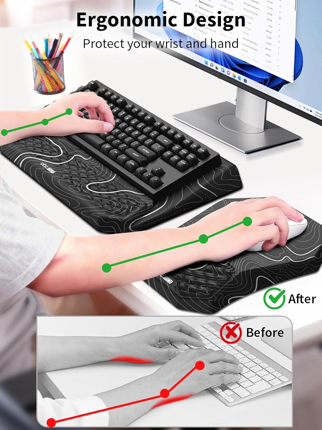 3-in-1 Ergonomic Keyboard Stand with Wrist Rest & Mouse Pad Set, Comfy Keyboard Riser Holder Soft Mousepad with Massage Design, Memory Foam and Non-Slip PU Base for Pain Relief, Black
