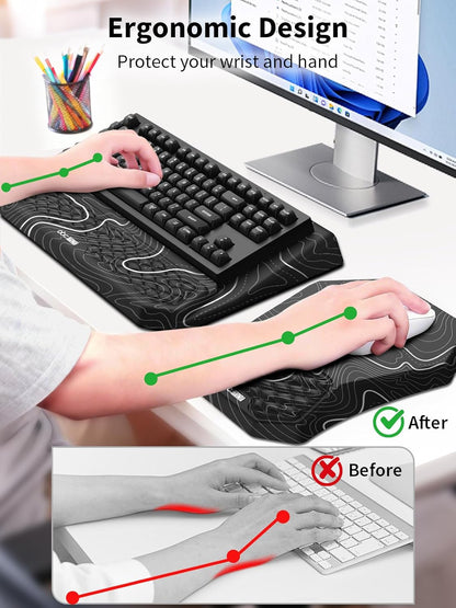 3-in-1 Ergonomic Keyboard Stand with Wrist Rest & Mouse Pad Set, Comfy Keyboard Riser Holder Soft Mousepad with Massage Design, Memory Foam and Non-Slip PU Base for Pain Relief, Black