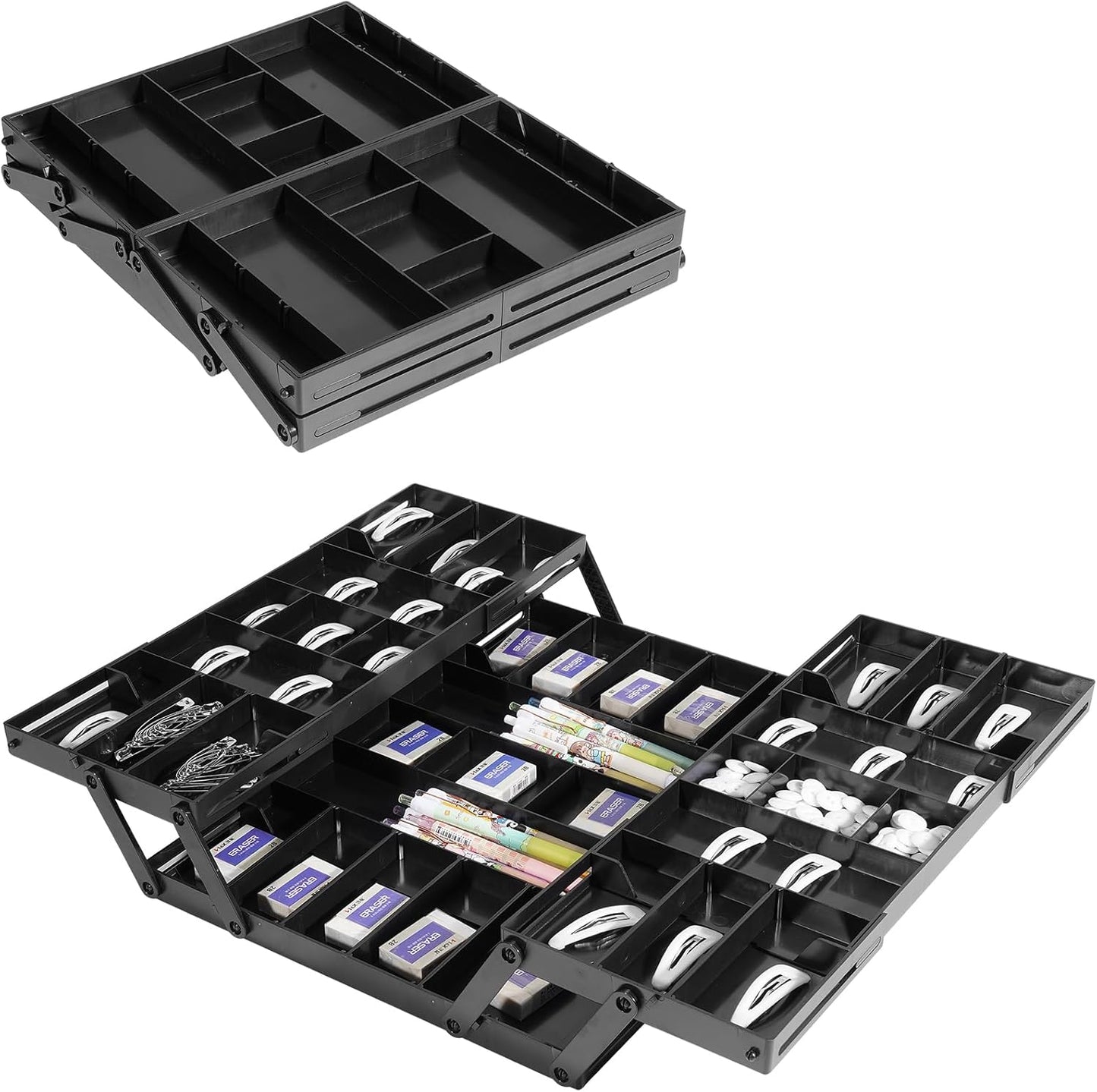 Aobiono Multi Level Smart Drawer Organizer, Multi Tier Expandable Storage Collapsible Foldable Trays for Jewelry, Cosmetics, Makeup, Tools, Battery (White, Single Row - 2 Levels)