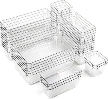 Clear Acrylic Drawer Organizer Trays, 5 Size Junk Box Organization Small Storage Container Bin for Desk Makeup Bathroom Vanity Kitchen Tool Make Up Workspace Home Dorm Apartment Office Room Nightstand