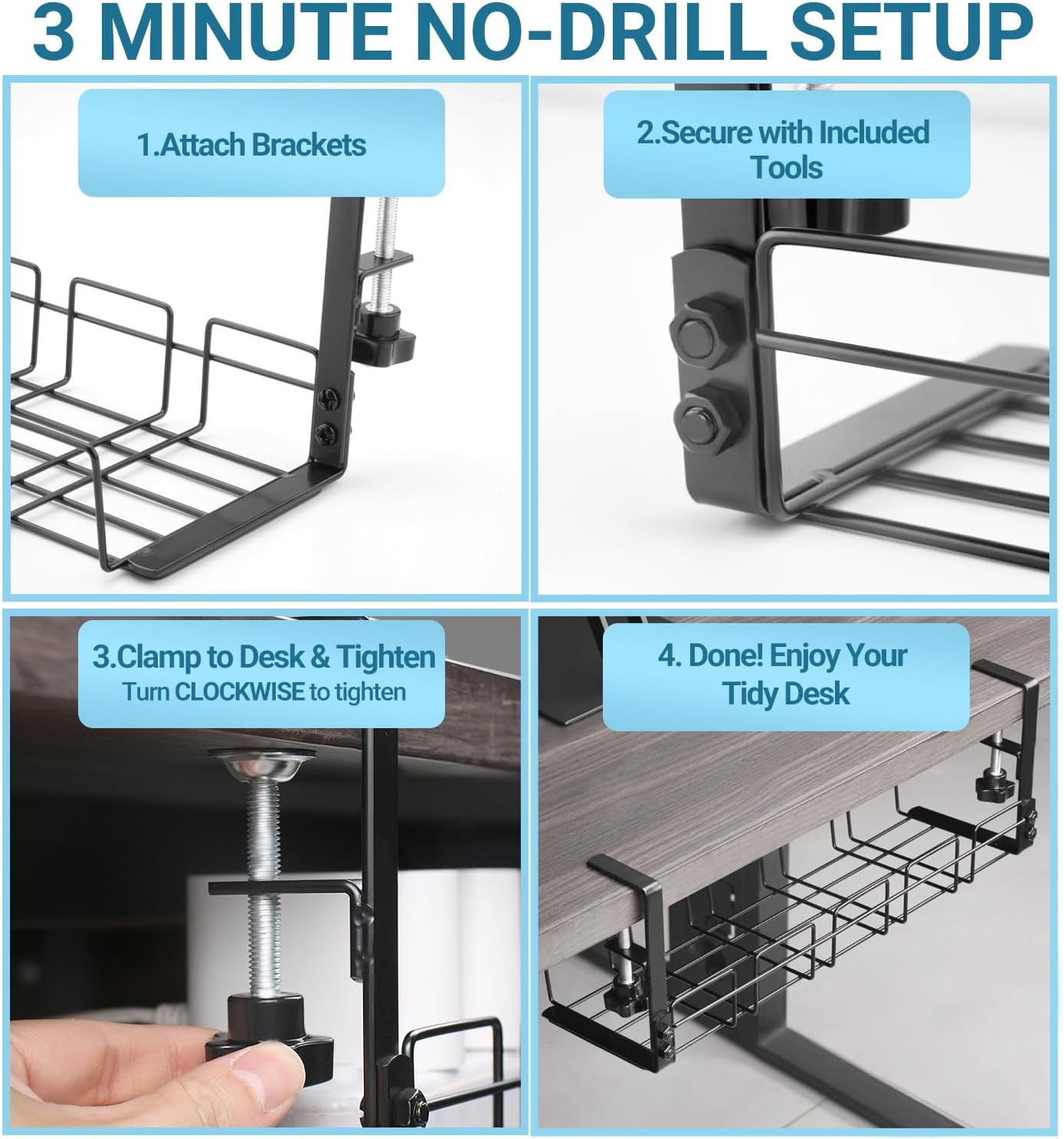 Under Desk Cable Management Tray, 15.7'' Metal Wire Organizer with Clamp, No Drill Desk Cord Rack for Cable Management, Computer Wire Organizer for Office and Home, Sturdy & Scratch-Free