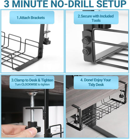 Under Desk Cable Management Tray, 15.7'' Metal Wire Organizer with Clamp, No Drill Desk Cord Rack for Cable Management, Computer Wire Organizer for Office and Home, Sturdy & Scratch-Free