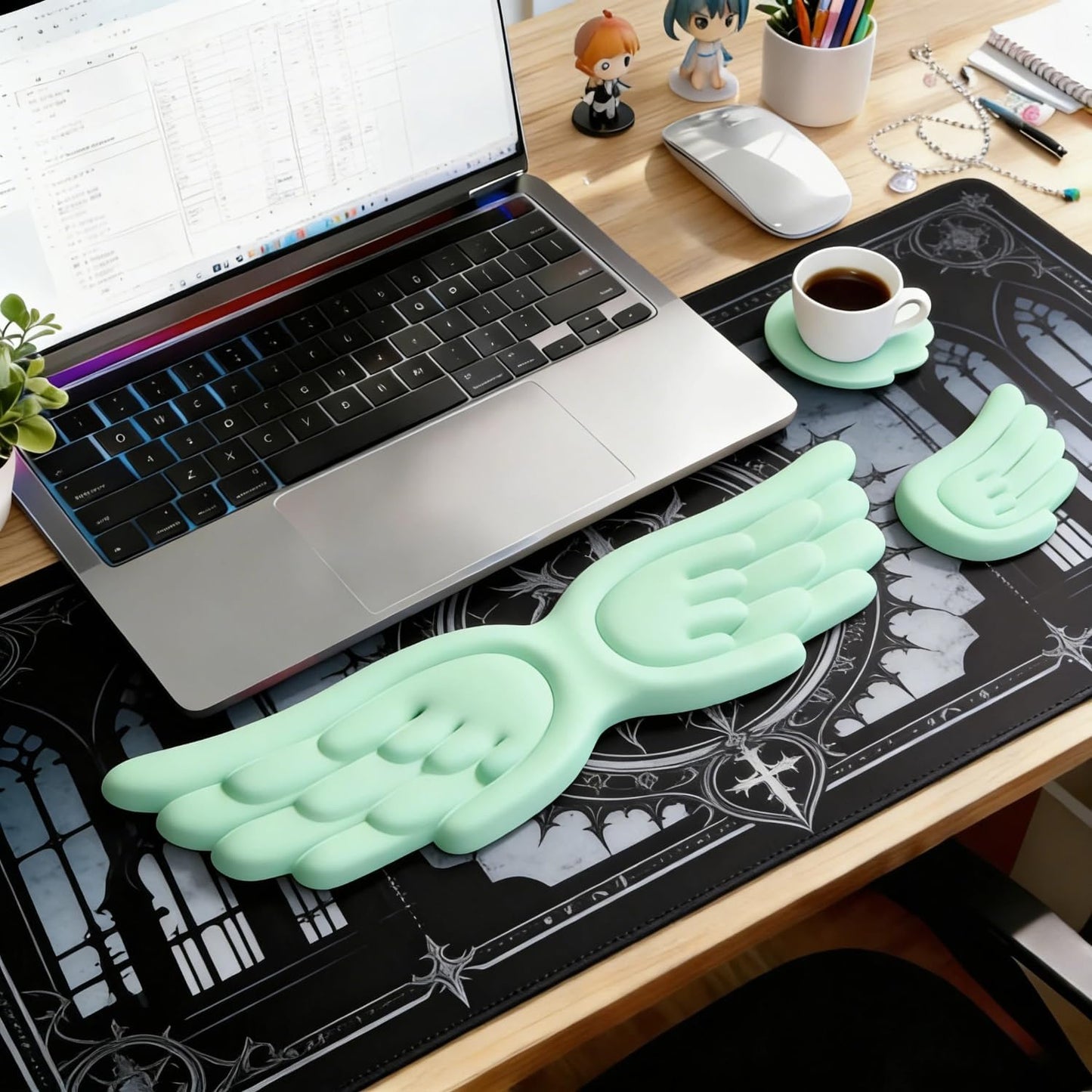 Angel Wing Wrist Rest Ergonomic Memory Foam Wrist Rest for Computer Keyboard Mouse Set with Cup Mat, Cute Gaming Keyboard Cushion Hand Support PU Leather Surface Anti-Slip Waterproof（White）
