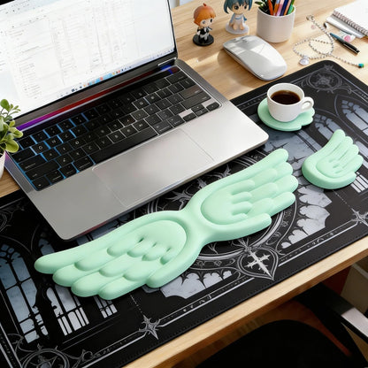 Angel Wing Wrist Rest Ergonomic Memory Foam Wrist Rest for Computer Keyboard Mouse Set with Cup Mat, Cute Gaming Keyboard Cushion Hand Support PU Leather Surface Anti-Slip Waterproof（White）