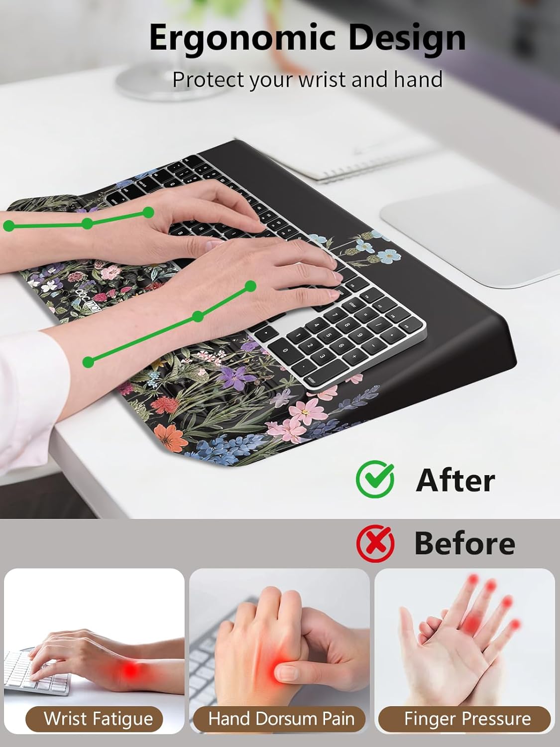 2-in-1 Ergonomic Keyboard Stand with Wrist Rest, Comfy Keyboard Riser Holder with Massage Design, Black