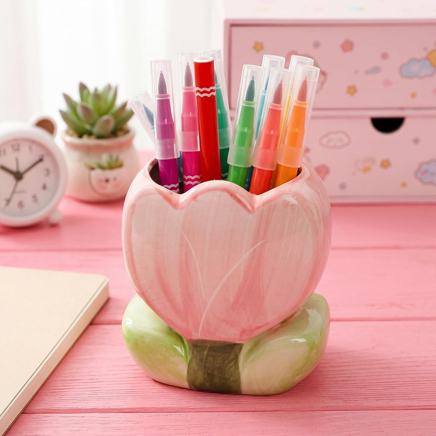 Foraineam 2 Pieces Ceramic Pen and Pencil Holder for Office Tulip Makeup Brush Storage Stand Cute Vase Decor Aesthetic Toothbrush Holder Desktop Organizers for Pencils, Painting Brushes, Art Supplies