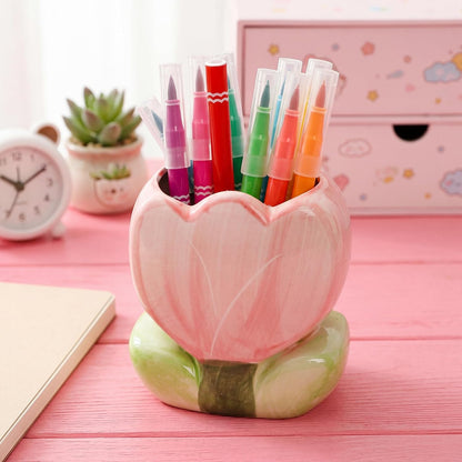 Foraineam 2 Pieces Ceramic Pen and Pencil Holder for Office Tulip Makeup Brush Storage Stand Cute Vase Decor Aesthetic Toothbrush Holder Desktop Organizers for Pencils, Painting Brushes, Art Supplies