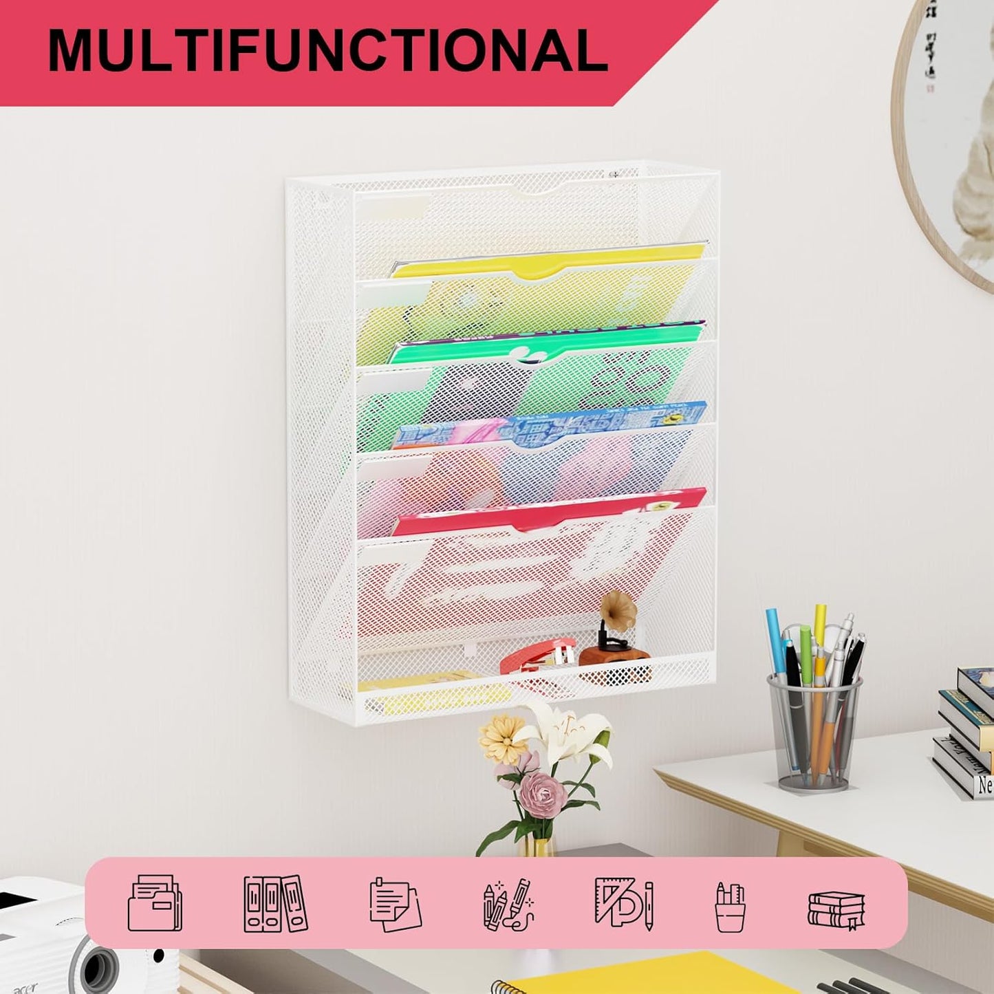 Wall File Organizer Holder Mesh Hanging Paper Document Holder,Vertical 6 Pocket Tier for Office Home, Black