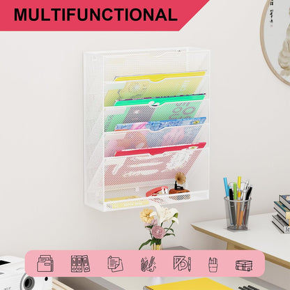 Wall File Organizer Holder Mesh Hanging Paper Document Holder,Vertical 6 Pocket Tier for Office Home, Black