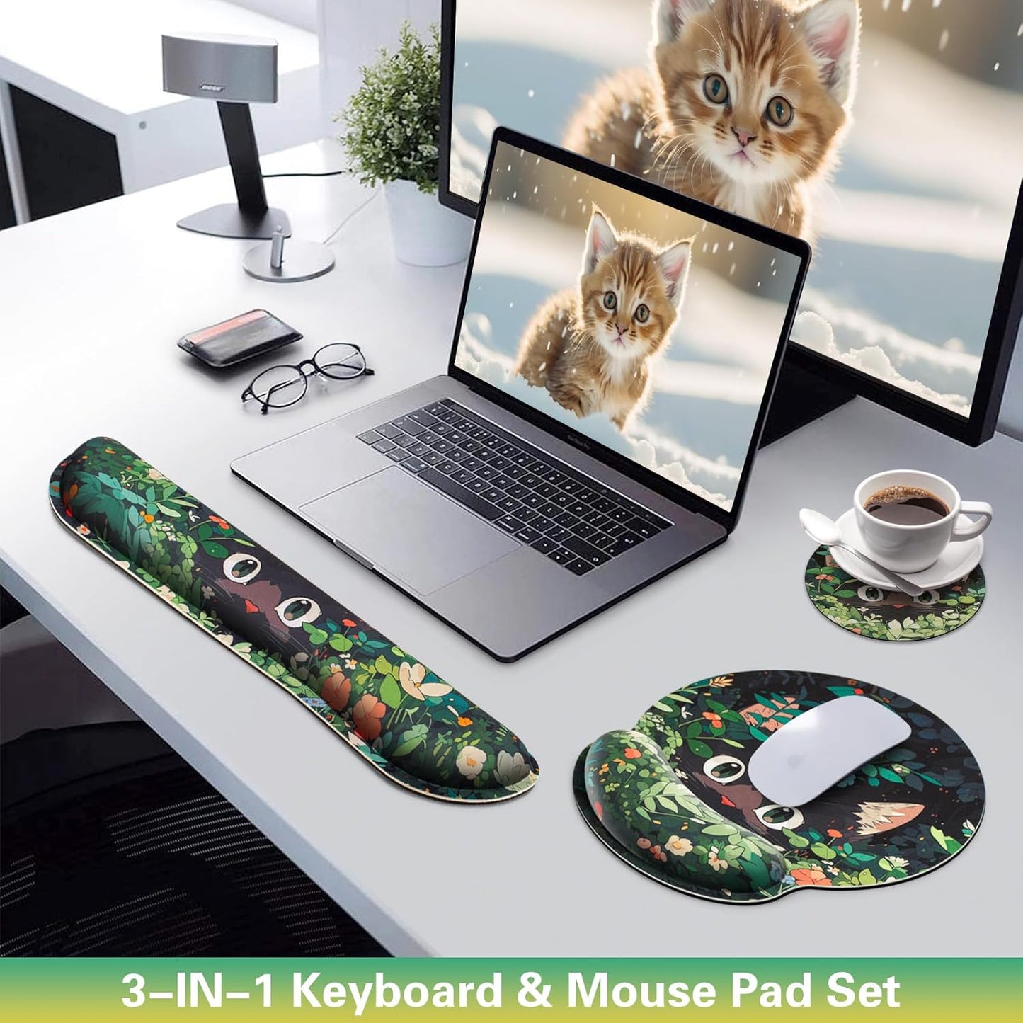 Mouse Pad with Wrist Rest Set, Qomolama 3-in-1 Wrist Support Mouse Pad Set, Floral Gaming Mousepad with Anti-Skid Base,Ergonomic Mouse Pad,Memory Foam Keyboard Gel Wrists Rest