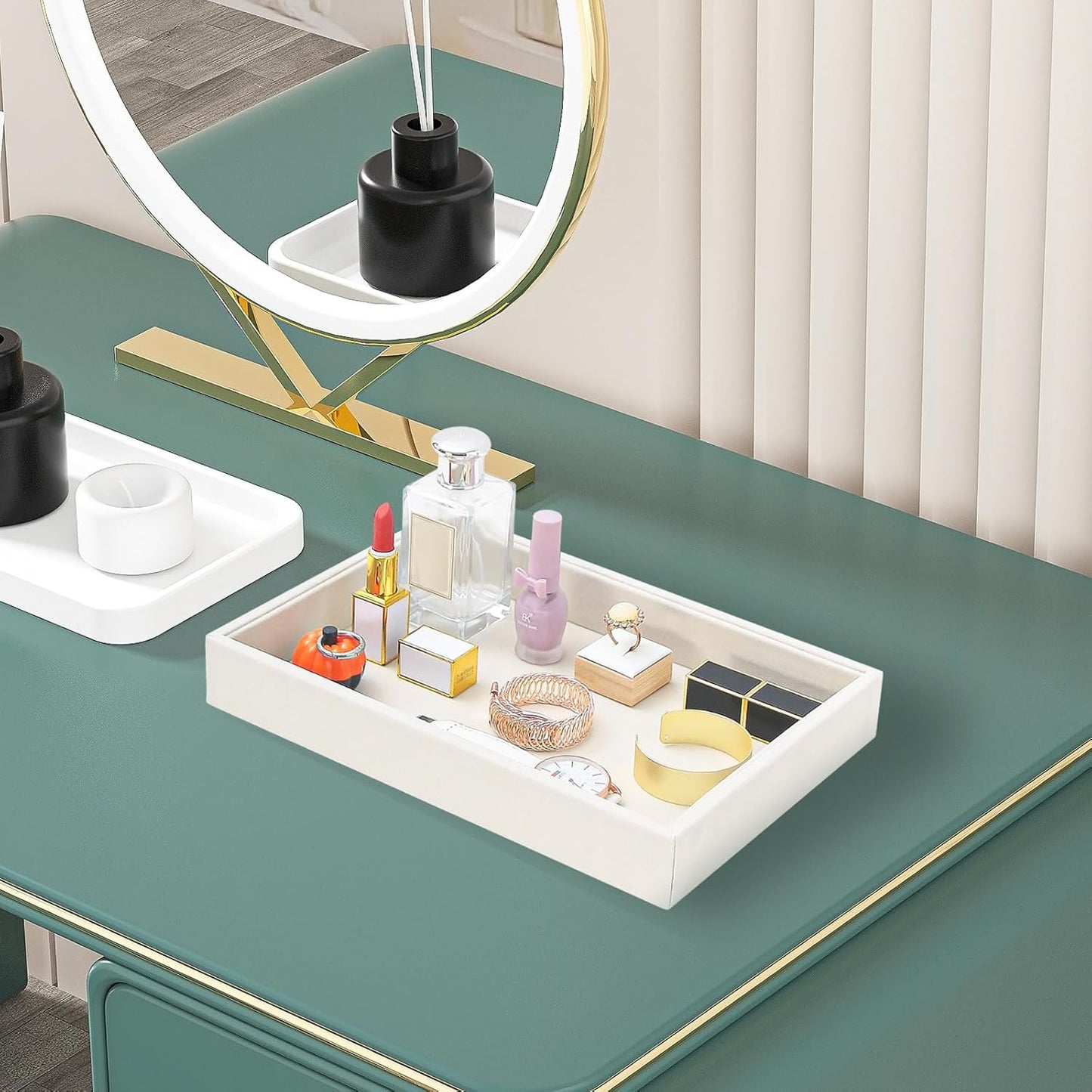 Bedside Organizer - Multi-use Nightstand & Desk-top Catchall Tray for Jewelry, Sunglasses, Phone, Watch, Perfume, Lipstick (Beige 3Grid)