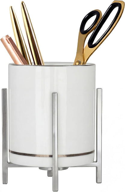 4.72" Gold Pen Holder Aesthetic Pencil Holder for Desk, Gold Desk Organizers and Accessories for Women Girls, Ceramic Pen Holder for Office