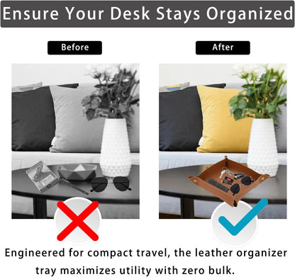 3 Pcs Leather Valet Tray for Keys & Jewelry Premium Desktop Organizer Portable Design for Watches, Wallets, Phones Home Office Travel Nightstand Accessory (Brown)