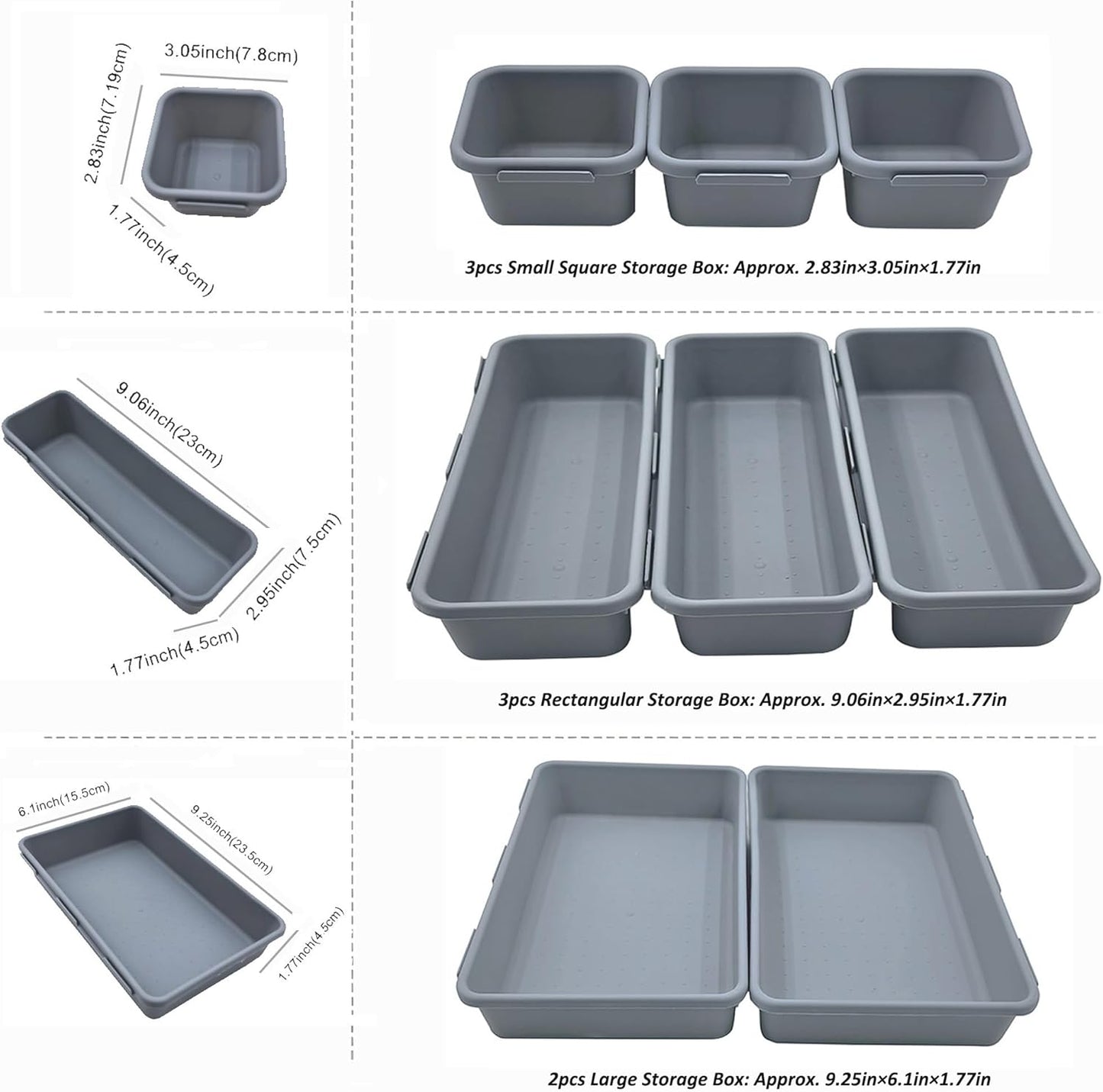 U-KIME 8-Piece Interlocking Drawer Organizer Trays, Light gray Plastic Modular Storage Bins for Kitchen, Bathroom, Office & Desk Drawers