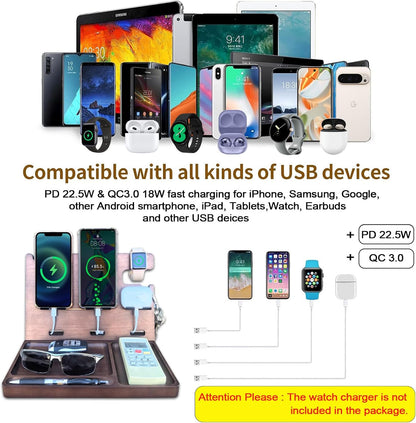 Wood Phone Docking Station with Drawer Nightstand Organizer for Men Dual Phone Charging Station for iPhone Samsung Google Desk Organizers Anniversary Birthday Gifts for Men Dad Him Husband