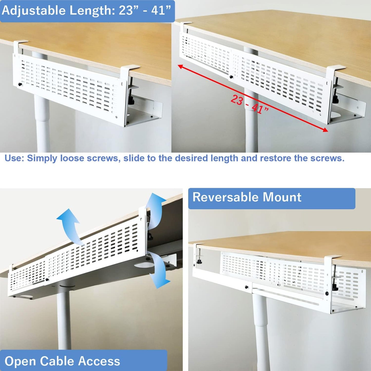 AEONS Under Desk Cable Management Tray Kit - Horizontal Adjustable up to 41” Removable C Clamp Mount Reversible Computer Cord Raceway and Modesty Panel for Large Table, Black