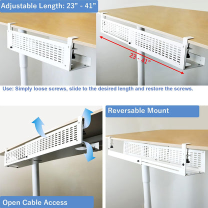 AEONS Under Desk Cable Management Tray Kit - Horizontal Adjustable up to 41” Removable C Clamp Mount Reversible Computer Cord Raceway and Modesty Panel for Large Table, Black