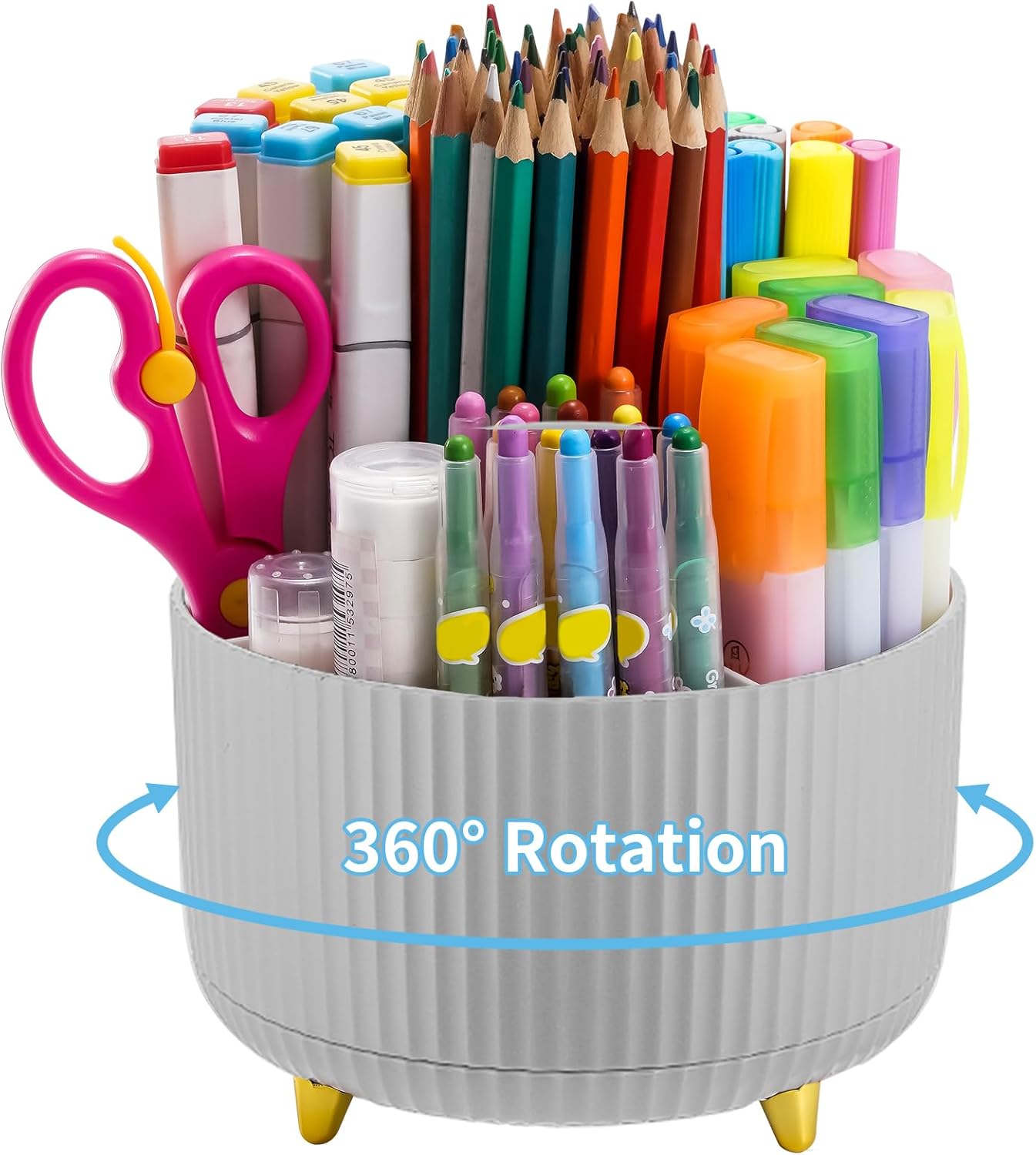 Marbrasse Desk Organizer, 360-Degree Rotating Pen Holder, Desk Organizers and Accessories with 5 Compartments Pencil Holder, Art Supply Storage Box Caddy for Office, Home（White）
