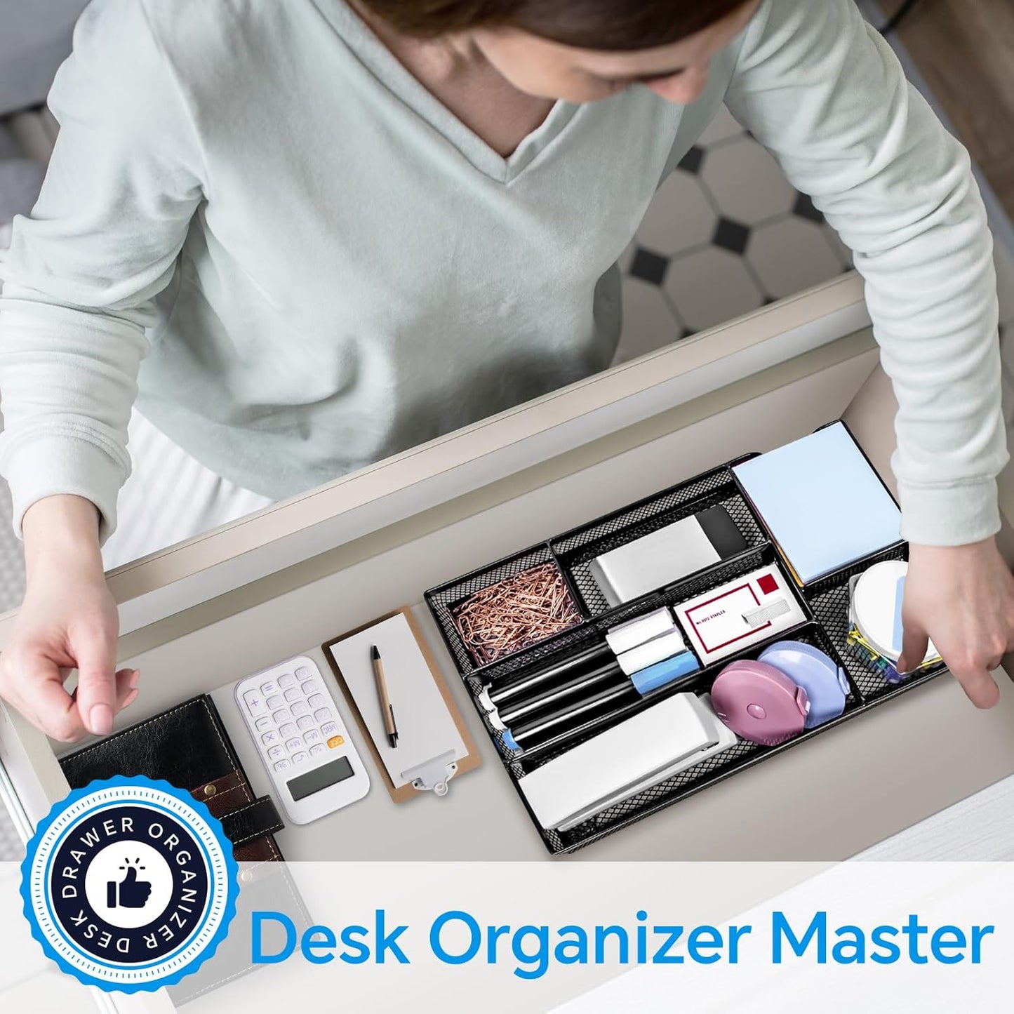 Desk Drawer Organizer, Office Drawer Divider Organizer Tray with 6 Compartments, Metal Mesh Desktop Organization and Accessories for Stationery Makeup Kitchen Toolroom School ＆Office, 12.6x8.27x1.6 in
