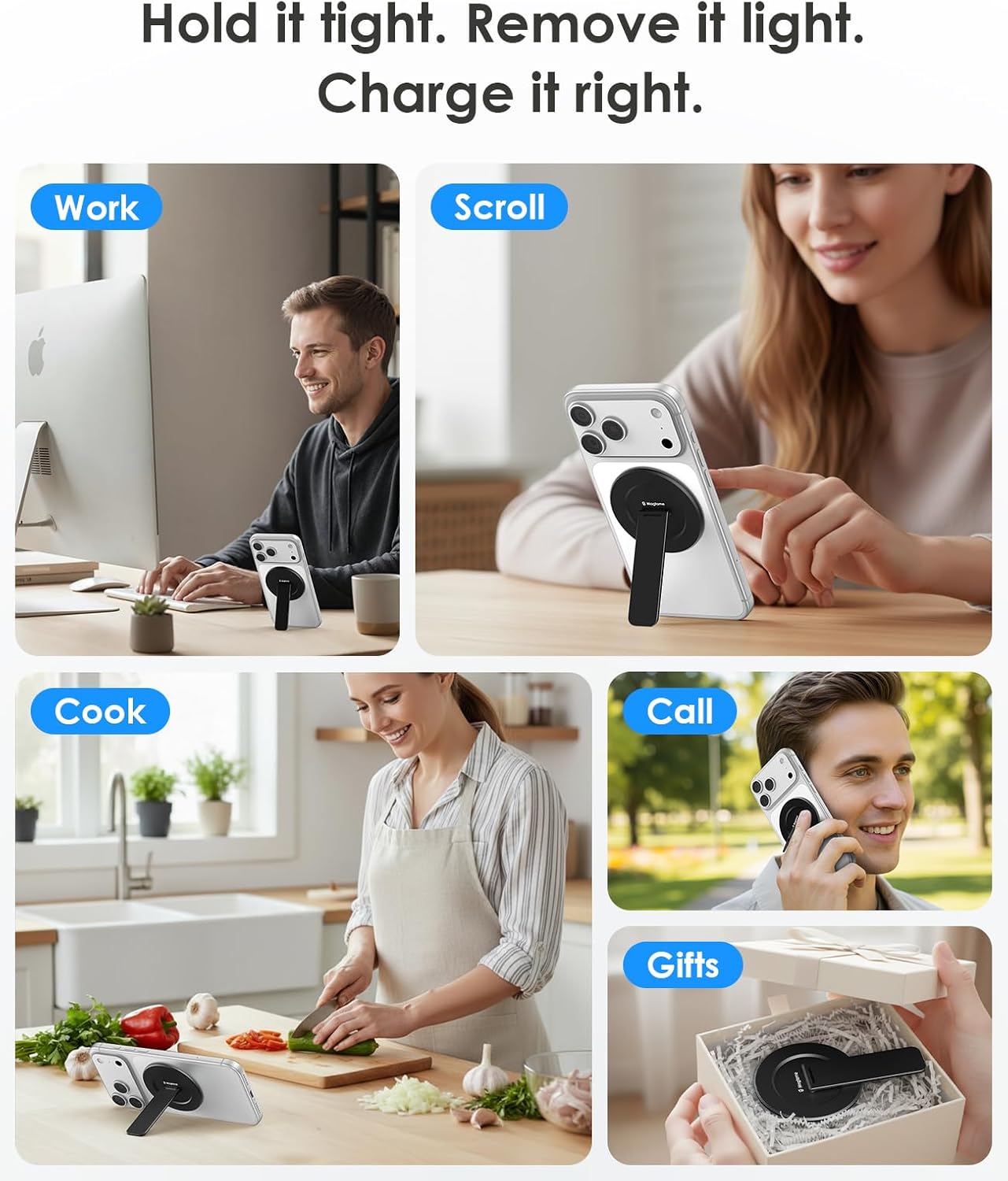 Magtame Double-Sided Magnetic Phone Stand Grip, Strong Magnetic Kickstand Desk Holder for Mag&Safe and Smartphone, Foldable Adjustable Design, Silver