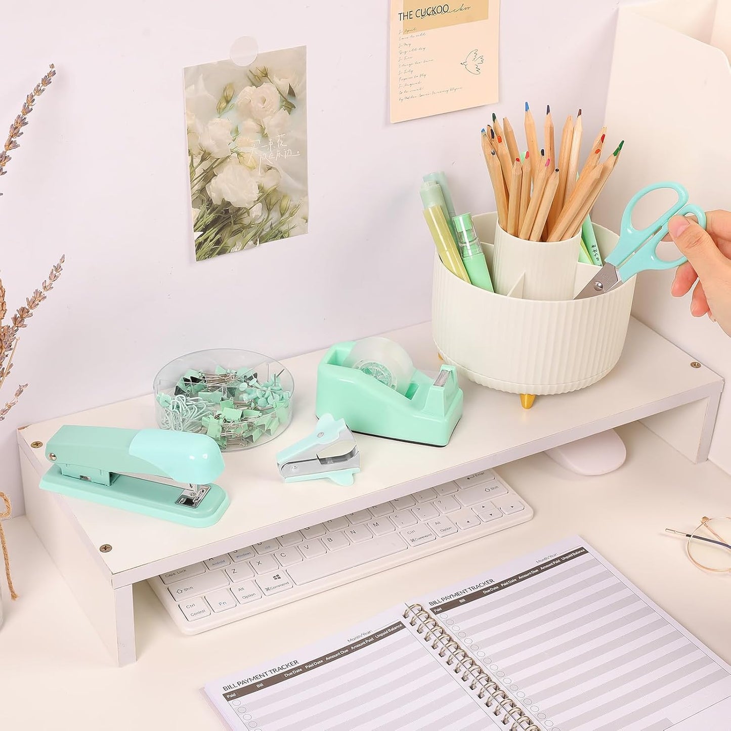 SKYDUE Pink Desk Accessories 10Pcs, Rotating Pen Holder for Desk, Stapler, Staple Remover, Tape Dispenser,2pcs Tape Refills, Binder Paper Clips Kit, Scissor,Pink Office School Supplies