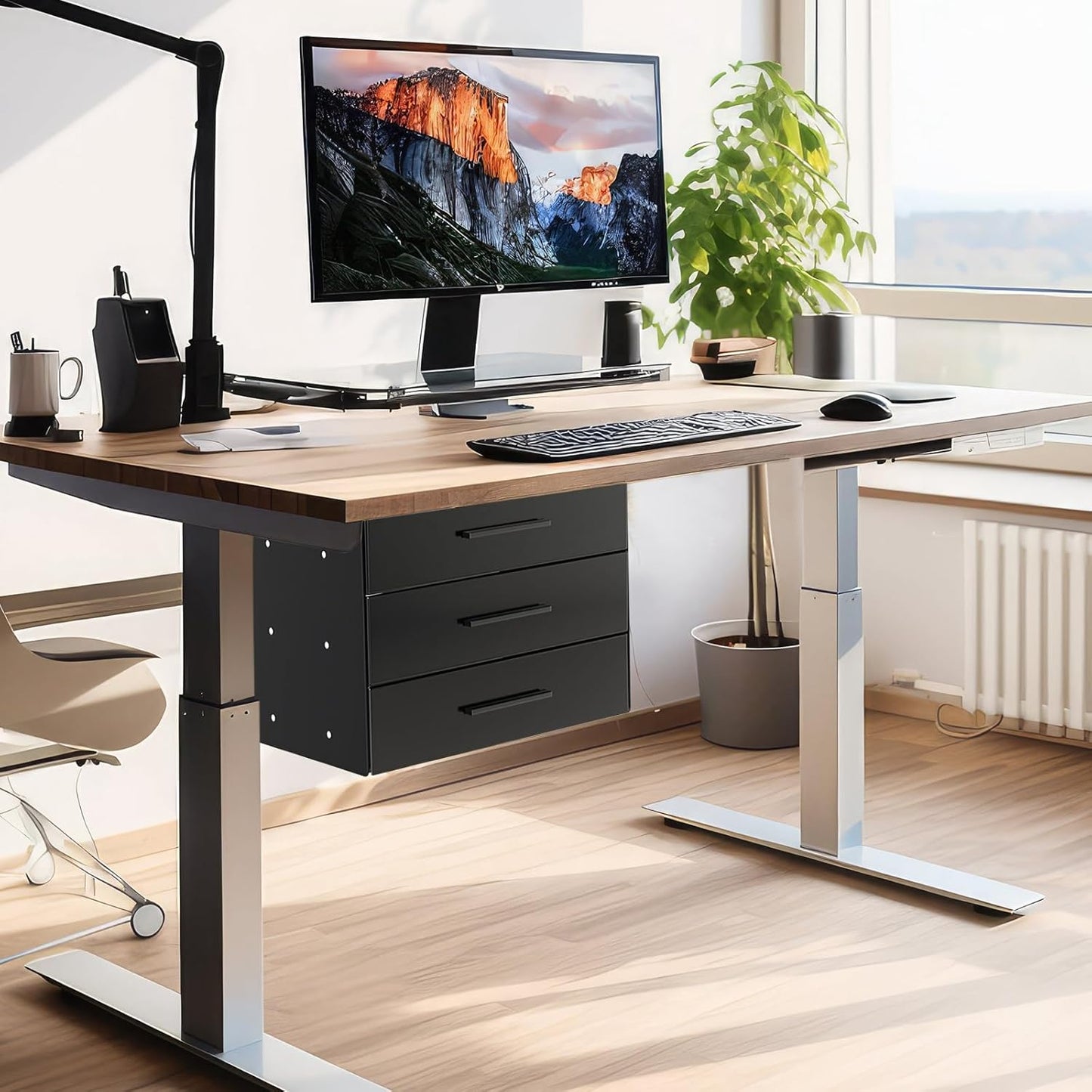 Menkxi 16 inch Under Desk Drawer Storage Pull out Storage Organizer Mounted Metal Sliding Hidden Under Counter Drawer Vertically Stacked for Office Sit Stand Workstation (Black,2 Layer)