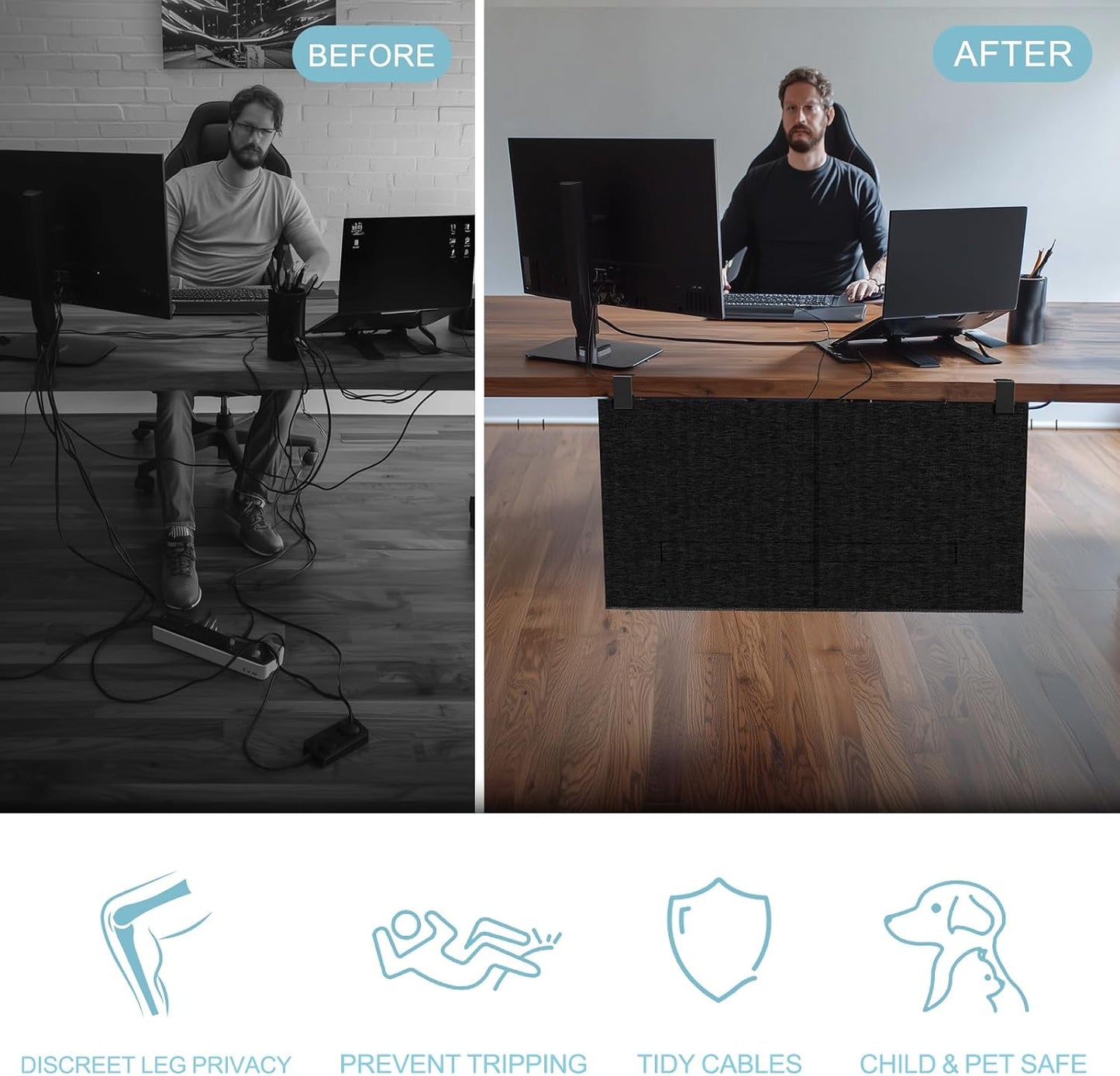 No Drill Under Desk Cable Management and Privacy Panel 2 in 1 | Modesty Panel with Cord Organizer |Felt Standing Desk Back Skirt for Office,Home(47.2")