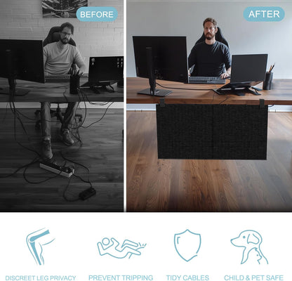 No Drill Under Desk Cable Management and Privacy Panel 2 in 1 | Modesty Panel with Cord Organizer |Felt Standing Desk Back Skirt for Office,Home(47.2")