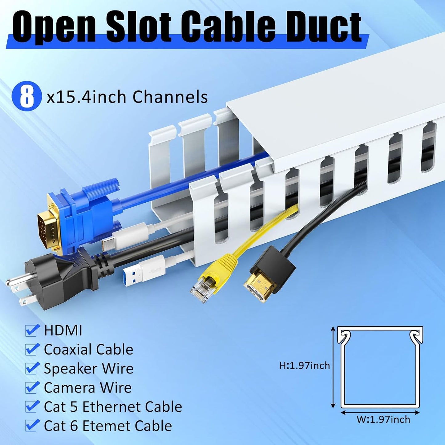 Open Slot Wiring Raceway Cable Duct, 123in Cable Management Channel Cord Track,Desk Wire Channel, Under Desk Cable Management to Hide Cables, Wires for Computers (Black, 1.57" Hx1.57"W, 15.4''L(8 Pc))