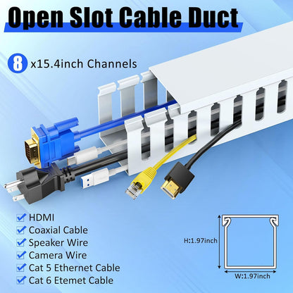 Open Slot Wiring Raceway Cable Duct, 123in Cable Management Channel Cord Track,Desk Wire Channel, Under Desk Cable Management to Hide Cables, Wires for Computers (Black, 1.57" Hx1.57"W, 15.4''L(8 Pc))