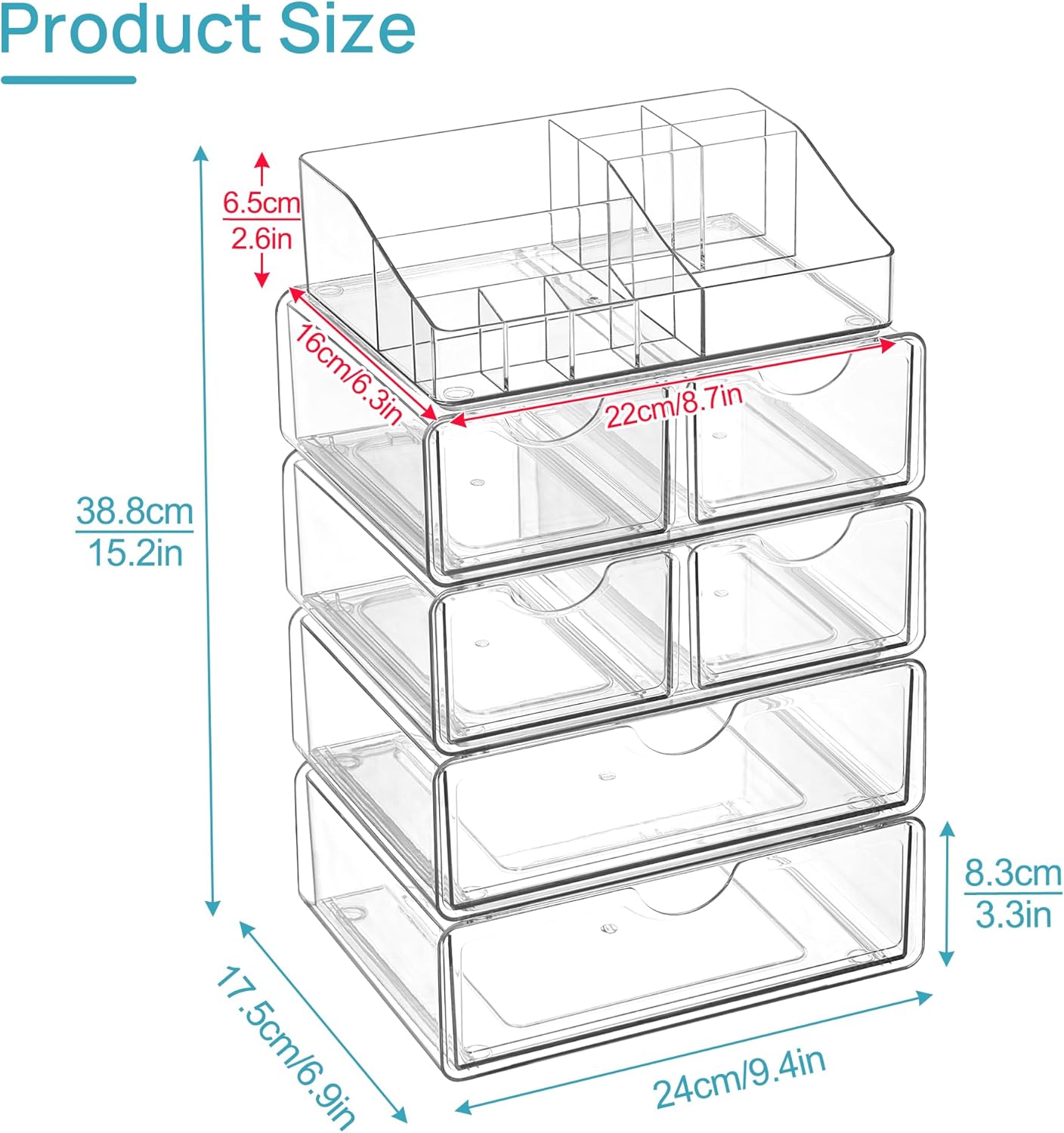 Vtopmart 3 Tier Clear Makeup Organizer with Drawer, Cosmetic Storage for Dresser Countertop and Bathroom Vanity, Beauty Holder for Lipstick Brush Skincare