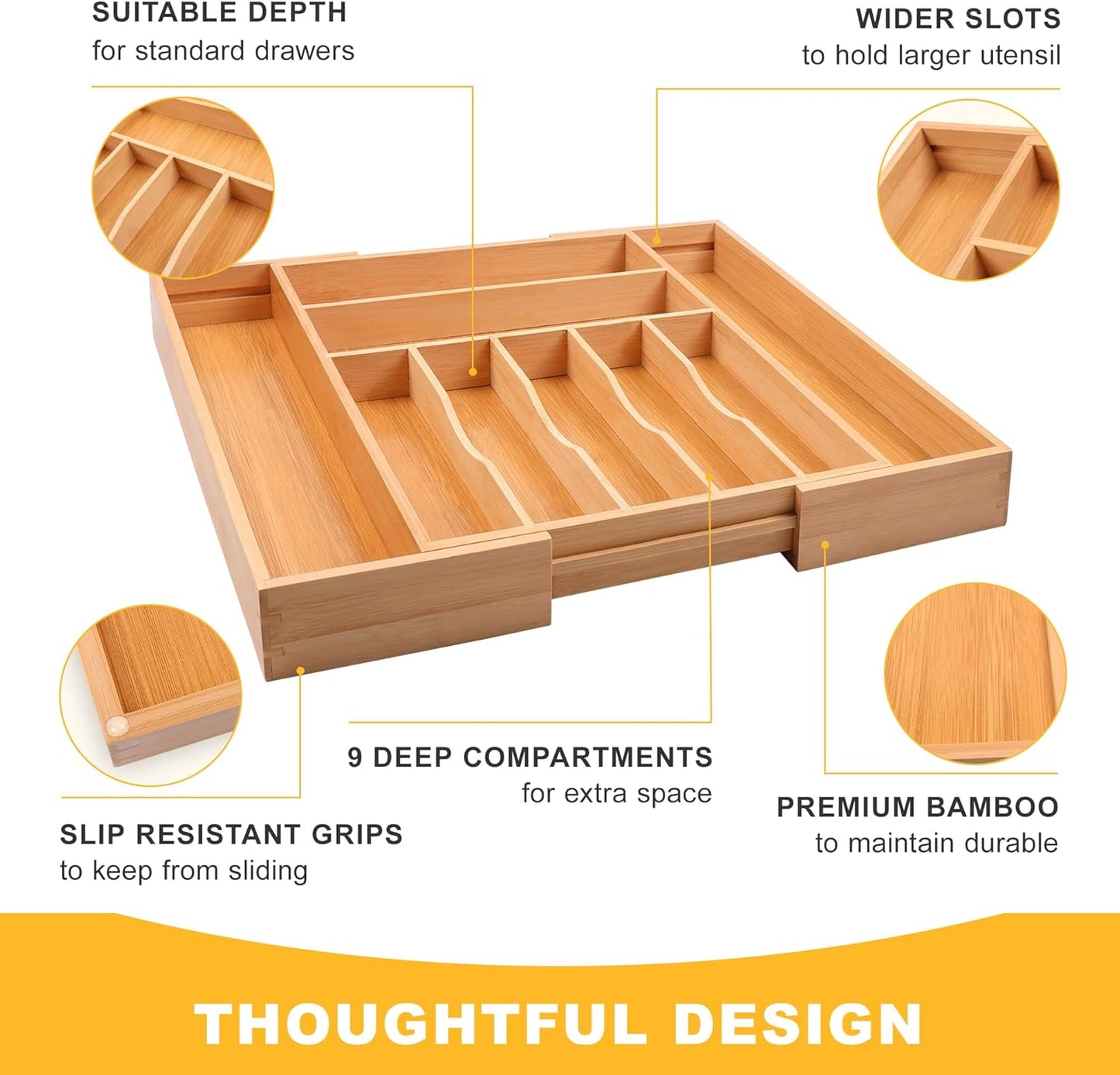 Expandable Bamboo Kitchen Drawer Organizer for Cutlery and Utensils, Adjustable Bamboo Wood Cutlery Tray in Drawer for Flatware and Silverware in Kitchen, (Natural)