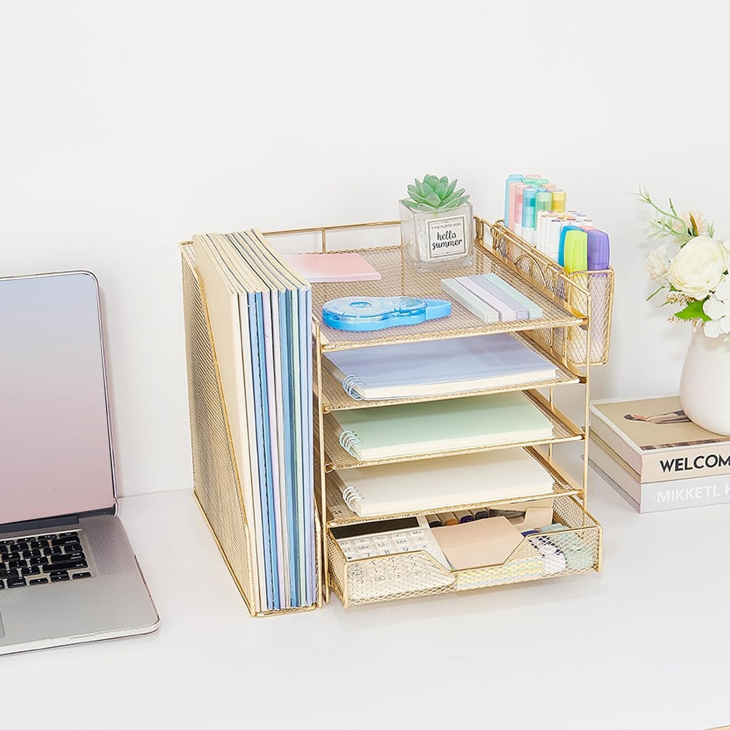 Desk Organizer, 5-Tier Paper Letter Tray Organizer with File Holder, Drawer and Pen Holder, Desktop Organizer for Office Supplies, Black