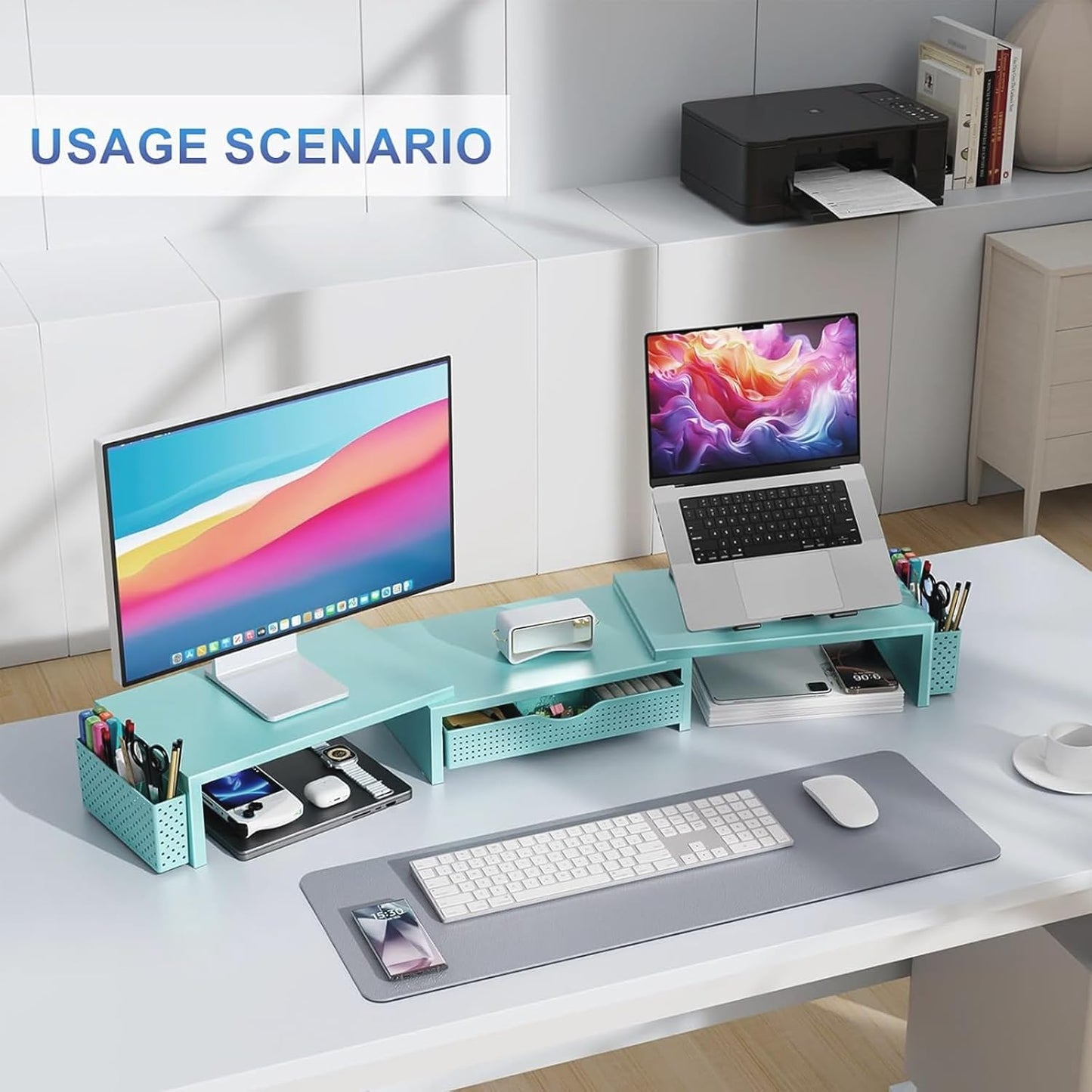 gianotter Dual Monitor Stand Riser, Desk Organizer With Drawer and 2 Pen Holders, Computer Monitor Stand, Shelf for Top of Desk, Black