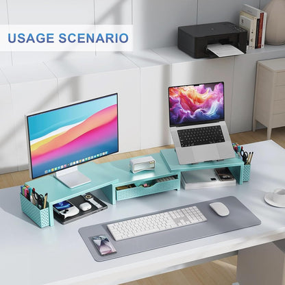 gianotter Dual Monitor Stand Riser, Desk Organizer With Drawer and 2 Pen Holders, Computer Monitor Stand, Shelf for Top of Desk, Black