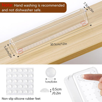 Ohlove 6 Pcs Large Clear Plastic Drawer Organizers Tray 15" x 6.3" Storage Bins with 25 Pcs Non-Slip Pads for Makeup, Jewelries, Kitchen Utensils, Bathroom and Office