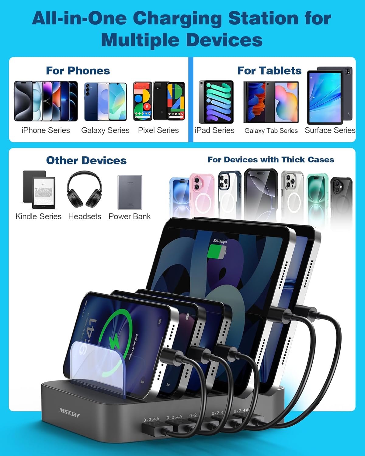 MSTJRY Charging Station for Multiple Devices : 5 Port Multi USB-A Charger Stations Multi-Device Organizer Charging Dock Designed for iPhone iPad Cell Phone Tablets (7 Short Cables Included)