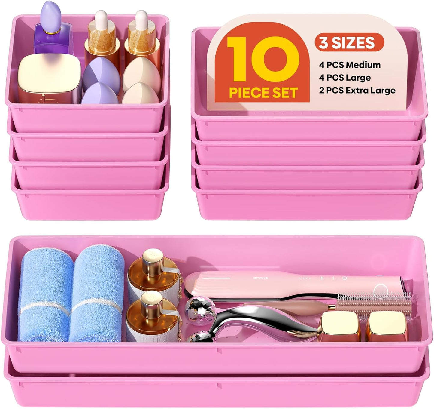 10 Pack Large Size Plastic Drawer Organizers Set, 3 Sizes Desk Drawer Organizer Trays, Storage Bins for Vanity, Makeup, Bathroom, Kitchen Utensils and Office (Black)