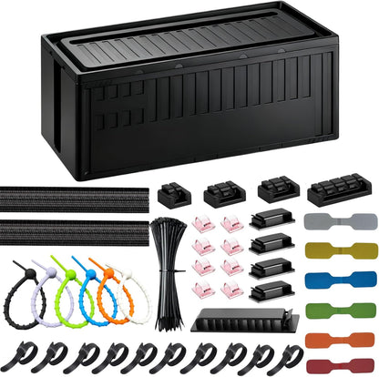Cable Box - [142Pcs] Cable Management Kit, Medium Cord Hider Box to Conceal Power Strip Holder on Desk or Floor, Under Desk Cable Management Kit Cable Organizer Box, TV Cord Organizer Box, Black
