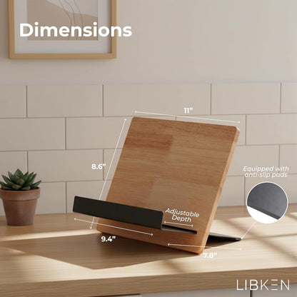 Libken Wooden Book Stand for Reading & Kitchen – Adjustable Cookbook Holder Stand – Rubberwood & Metal Recipe Book Holder – Tablet & Smartphone Stand – Minimal Scandinavian Design - Black