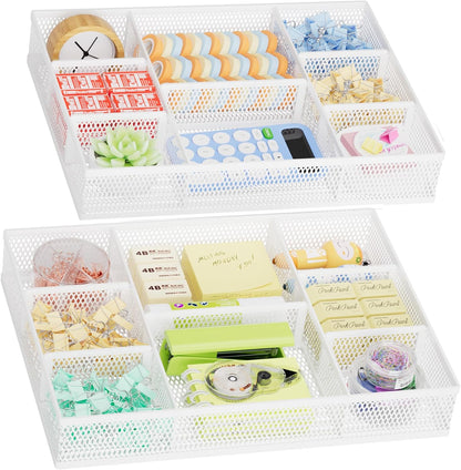Marbrasse 2 Pack Desk Drawer Organizer, Mesh Drawer Organizer Tray with 8 Adjustable Compartments, Desk Organizers and Accessories, 5 Dividers Drawer for Office Supplies, Makeup & Vanity (Black)