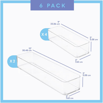 primebox Plastic Clear Drawer Organizers. Bathroom. Kitchen, Bedroom, Utensils, Office Organizer Bins, Storage Trays. Stackable. 9" x 6" x 2" Set of 6