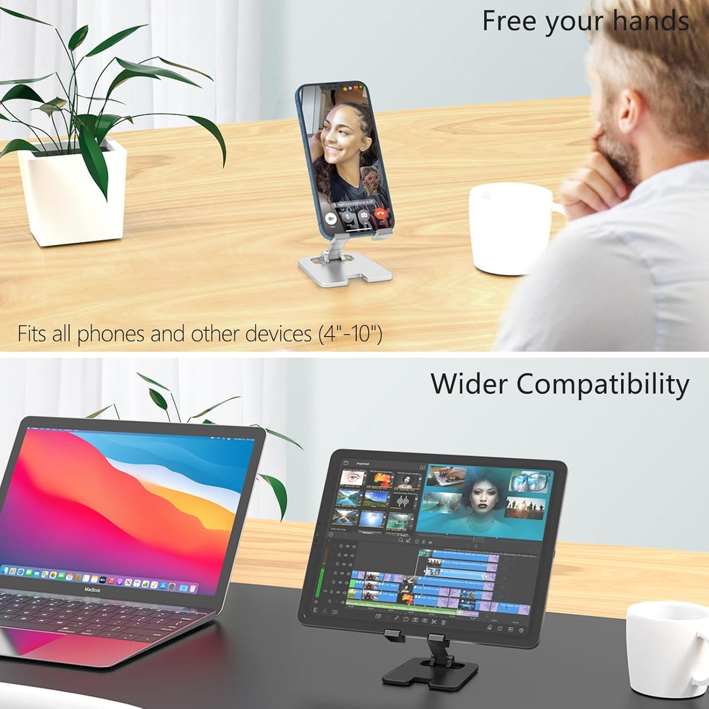 Amzpas Adjustable Cell Phone Stand Metal, Foldable Desktop Cellphone Stand with Anti-Slip Base and Convenient Charging Port, for Phone 17 16 15 14 13 12 11 Pro Xs Xs Max Xr X 8, All Phones