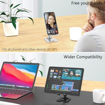 Amzpas Adjustable Cell Phone Stand Metal, Foldable Desktop Cellphone Stand with Anti-Slip Base and Convenient Charging Port, for Phone 17 16 15 14 13 12 11 Pro Xs Xs Max Xr X 8, All Phones