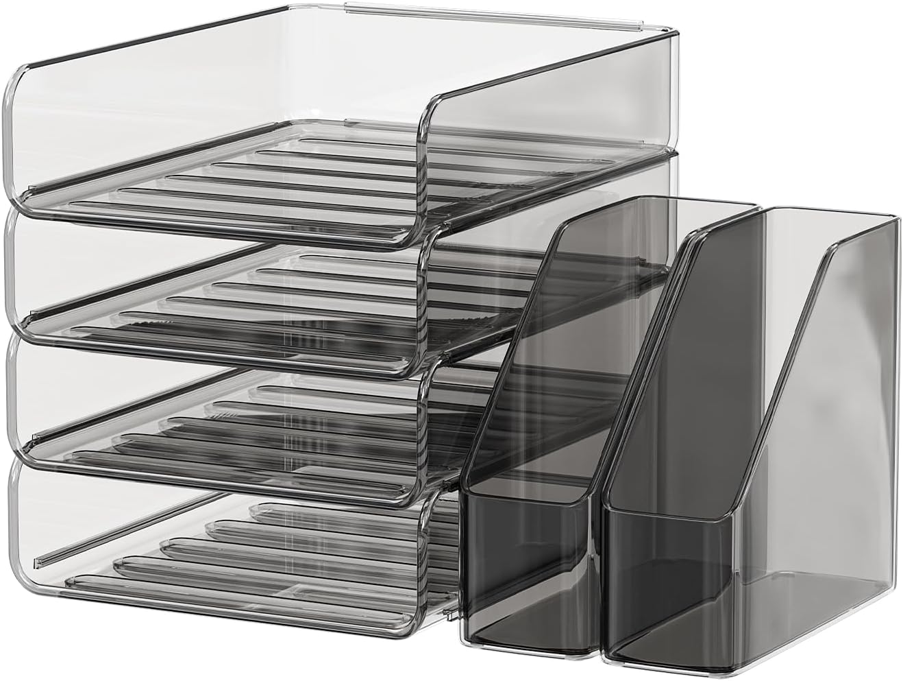 FANXIYQ 4-Tier Horizontal Acrylic Paper Tray Organizer with Bookends | Clear Stackable Desk Organizer for Documents, Letters, A4 Paper | Modern Office/Classroom/Home Organization