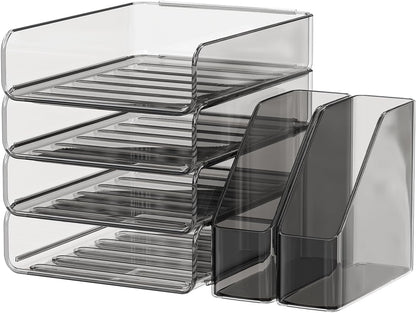 FANXIYQ 4-Tier Horizontal Acrylic Paper Tray Organizer with Bookends | Clear Stackable Desk Organizer for Documents, Letters, A4 Paper | Modern Office/Classroom/Home Organization