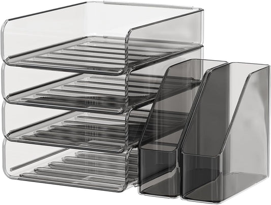 FANXIYQ 4-Tier Horizontal Acrylic Paper Tray Organizer with Bookends | Clear Stackable Desk Organizer for Documents, Letters, A4 Paper | Modern Office/Classroom/Home Organization