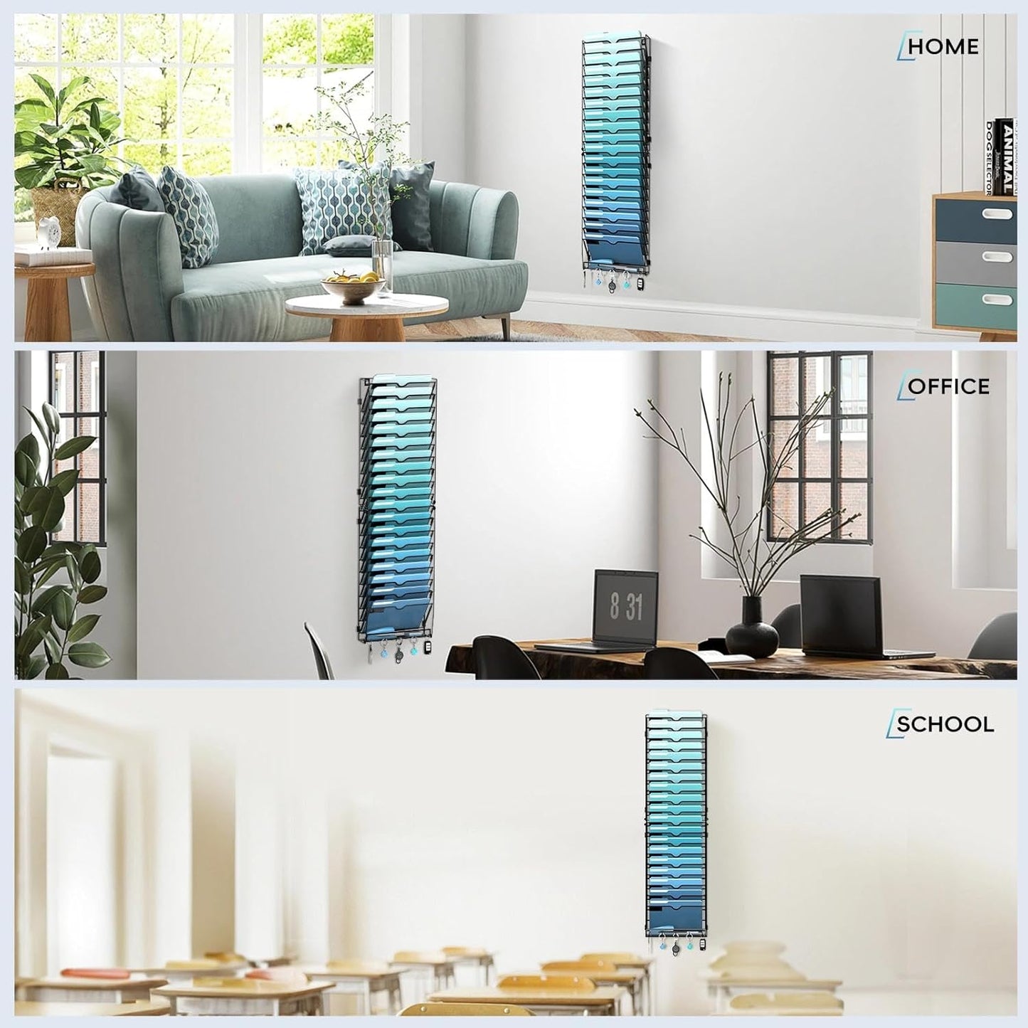 5 Tier Wall File Organizer - Hanging File Organizer with 5 Hooks, Mail Holder Wall Mounted for Papers, Folders, Magazines, Bills, Office&School Organization, Black