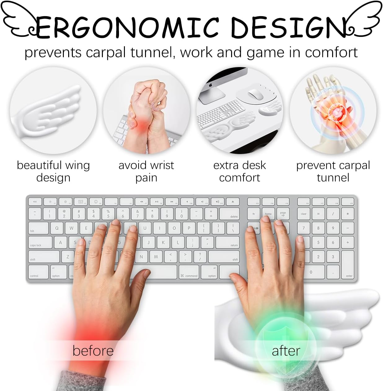 JIKIOU Angel Wing Wrist Rest Ergonomic Memory Foam Wrist Rest for Computer Keyboard Mouse Set, Cute Leather Keyboard & Mouse Support with PU Anti-Slip Base Waterproof White