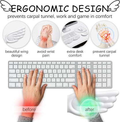 JIKIOU Angel Wing Wrist Rest Ergonomic Memory Foam Wrist Rest for Computer Keyboard Mouse Set, Cute Leather Keyboard & Mouse Support with PU Anti-Slip Base Waterproof White
